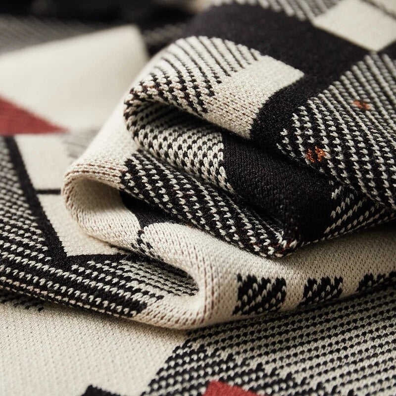 Herren Luxus Wollstrick-Cardigan Abstrakt Jacquard – Warmer Designer Herbst Winter Pullover